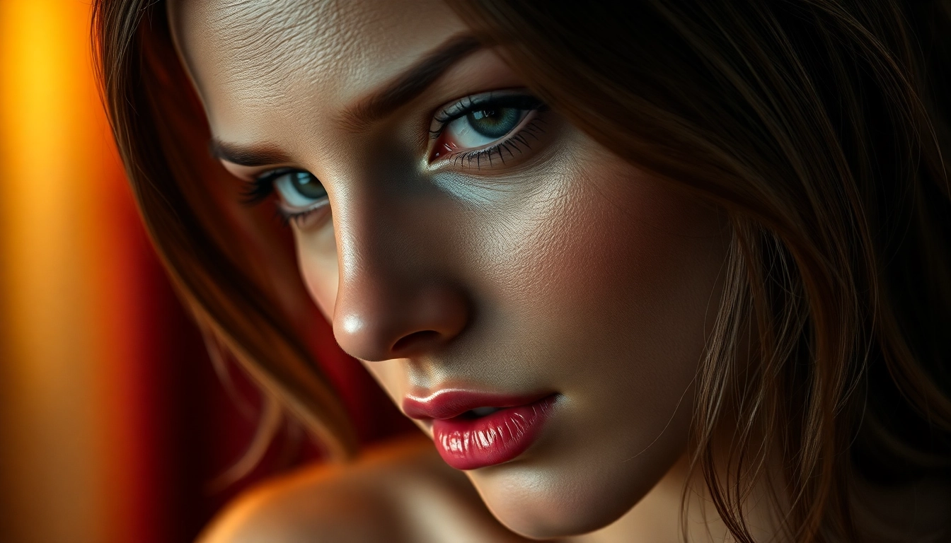 A realistic AI character with seductive expression in a warmly lit, intimate setting.